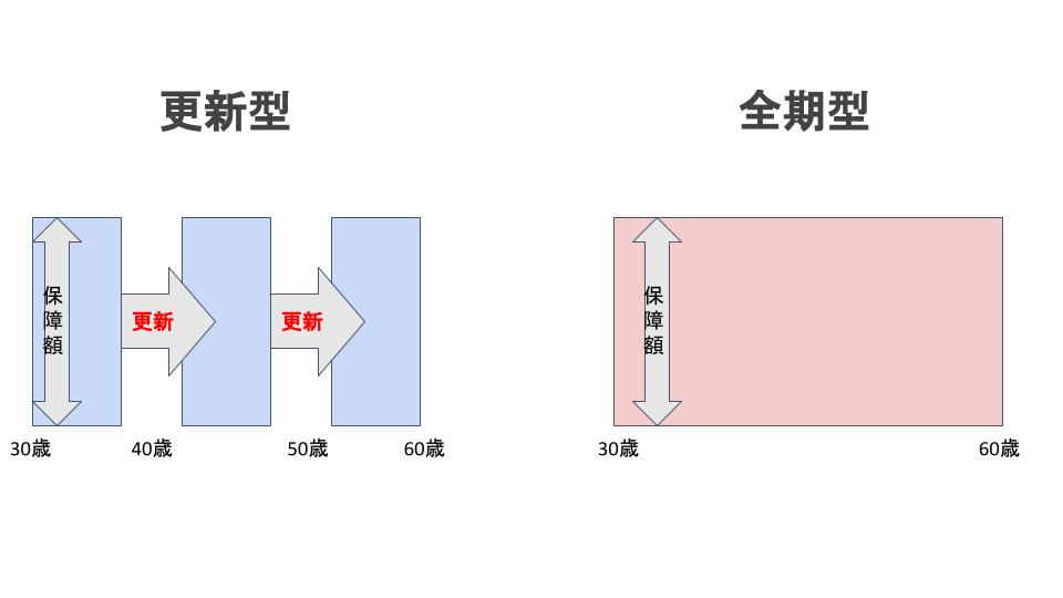 定期保険の更新型、全期型の説明